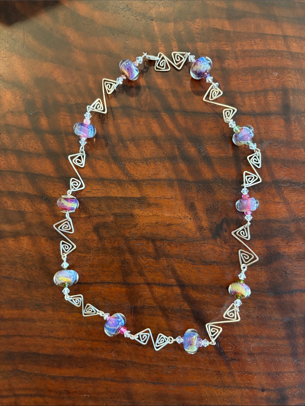 Handmade Art Glass Bead Necklace with SS Silver Tri-Loop Accents